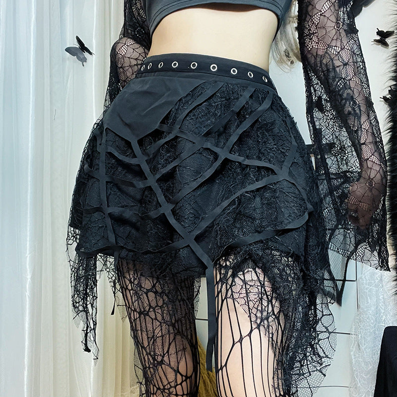 Women Skirt Autumn Gothic Punk Spider Web Tassel Mini Skirt Hallowen Gothic Skirt