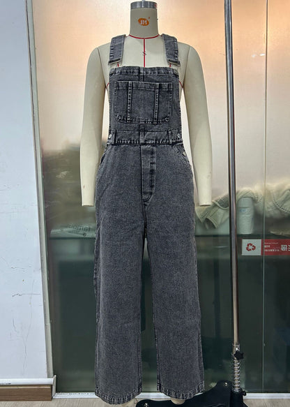 Women Retro Sleeveless Denim Suspender Pants Women Loose Straight Jumpsuit