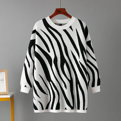 Autumn Winter Zebra Print Knitted Pullover Sweater Round Neck Sweater