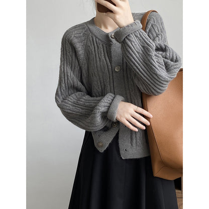 Round Neck Twist Knit Sweater Women Autumn Korean Loose All Matching Cardigan Coat