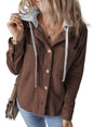 Autumn Winter Collared Buckle Cardigan Pouch Hooded Drawstring Striped Coat Women