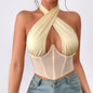 Top Stitching Mesh Perspective Sexy Sexy Cross Halter Boning Corset Corset Women