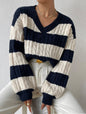 Autumn Winter Lazy Knitwear Loose Women V Neck Retro Contrast Color Striped Sweater