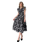 Elegant Dress V neck Slimming Waist Trimming Lace up Black White Printed Midi Dress