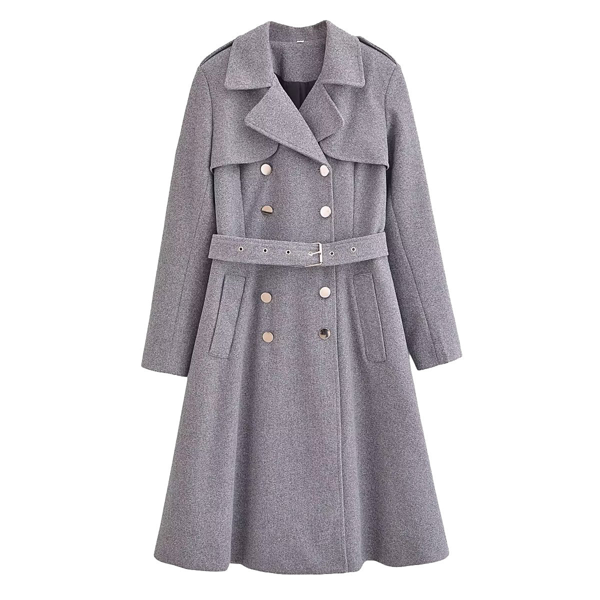 Women Clothing French Loose Matching Belt Double Row Ornament Woolen Coat Outerwear