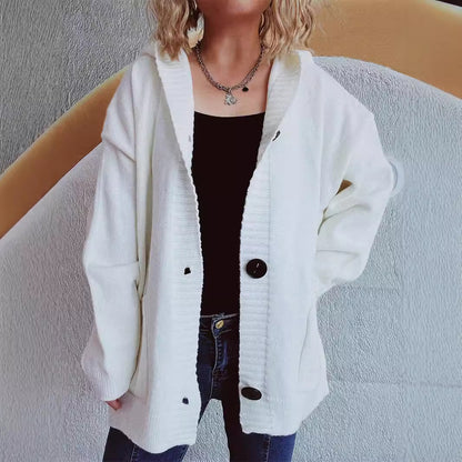 Autumn Winter V neck Knitted Cardigan Retro Pocket Hooded Sweater Women Clothing Loose Top Coat