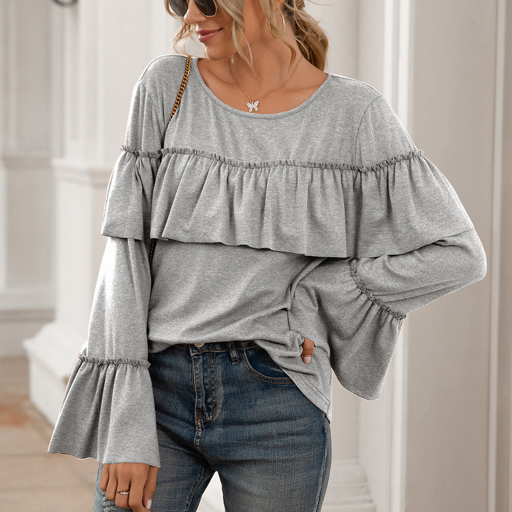 Spring Summer Loose Casual Ruffled Stitching Long Sleeve Solid Color Mid Length T shirt Top Women