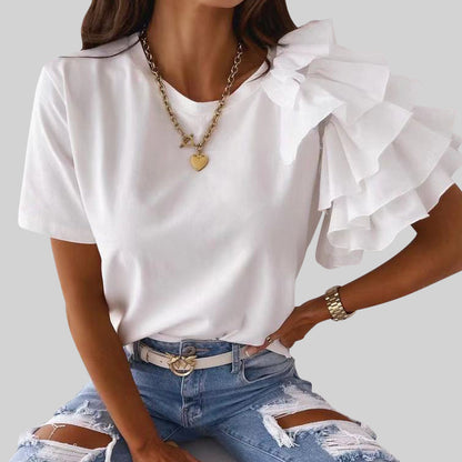 Korean Elegant Simple Ruffled Petal Short Sleeve Asymmetric round Neck T shirt for Women