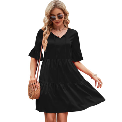 Women Casual Pleated Short Sleeves Short Dress Lace Up Bohemian High Waist Mini Dress