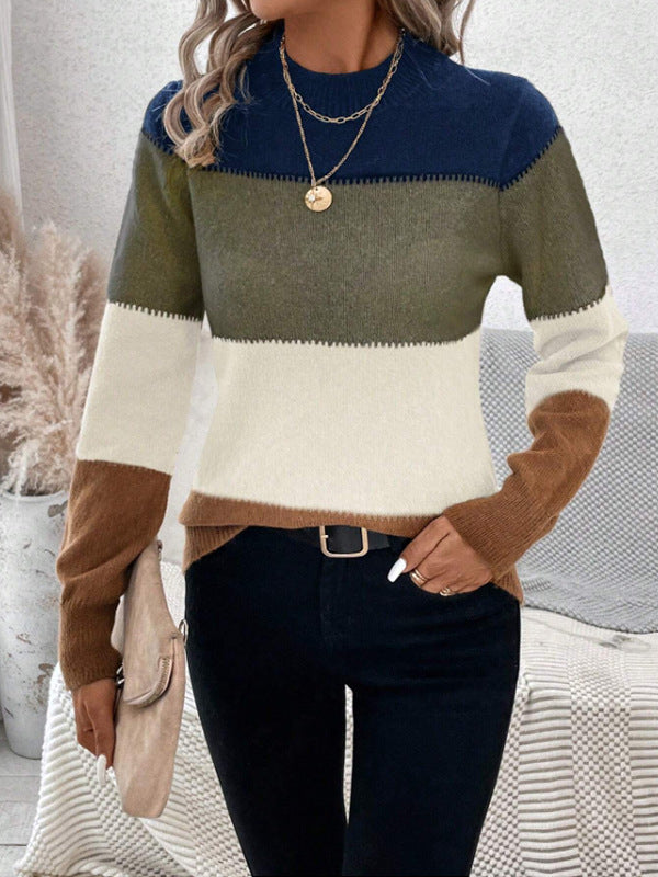 Autumn Winter Contrast Color Sweater Women Pullover round Neck Long Sleeves Knitwear Casual All Matching Tops