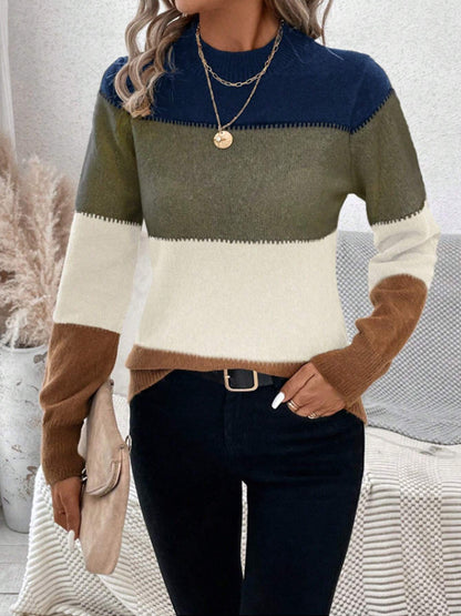 Autumn Winter Contrast Color Sweater Women Pullover round Neck Long Sleeves Knitwear Casual All Matching Tops