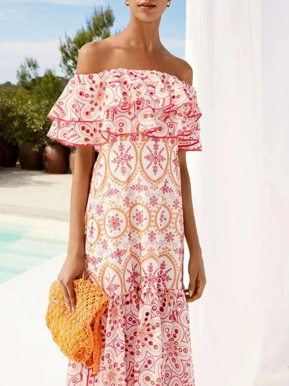 Summer off Shoulder Ruffled Hollow Out Cutout Embroidered Printed Front Slit Dress Elegant Dress