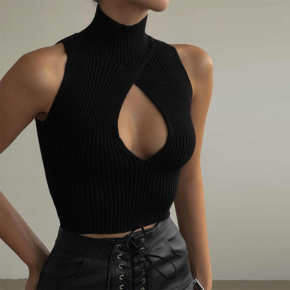 Women Clothing Autumn High Neck Sleeveless Chest Hollow Out Cutout Design Knitted Fabric Threaded Short Vest