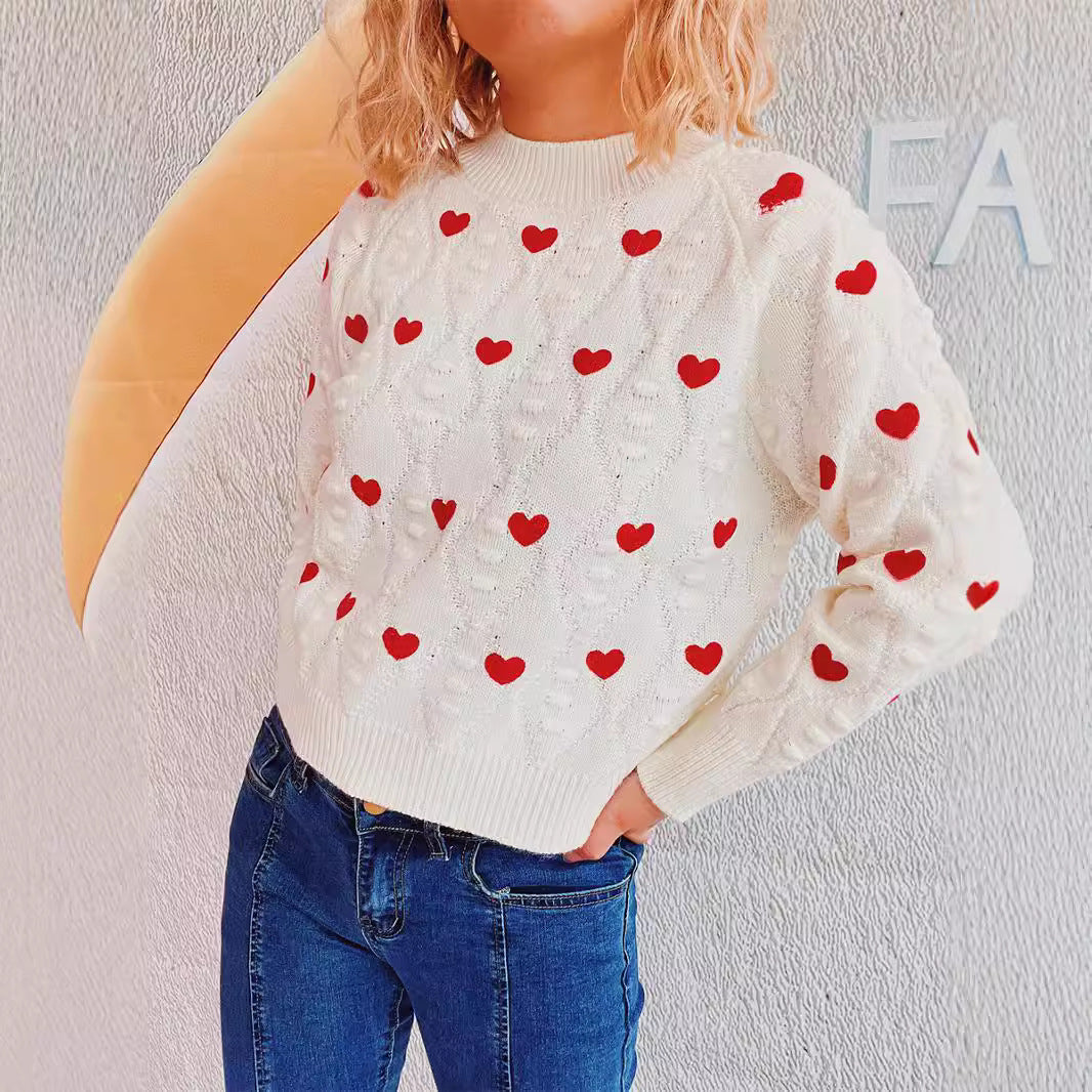 Autumn Winter Love Embroidered Crew Neck Knitted Pullover Cute Simple Office Sweater Top Women