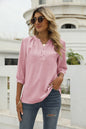 Women Clothing Summer Solid Color Chiffon Shirt Loose V neck Jacquard Mid Sleeve Top Popular