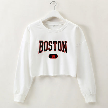 Women Clothing Autumn Winter Boston Letter Graphic Printing Cropped Long Sleeves Sweater  Women