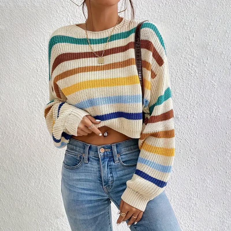 Autumn Winter Women Sweater Pullover round Neck Classic Striped Sweater Loose Casual Top Women