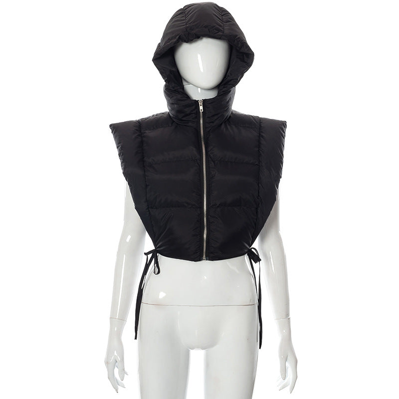 Autumn Winter Solid Color Sleeveless  Hooded Zipper Lace up Thermal Fleece Cotton Padded Coat for Women Outerwear