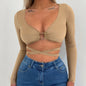 Summer Sexy Bare Cropped Slim Fit Top Solid Color All-Matching Lace-up Hollow Out Cutout V-neck Long Sleeve T-shirt Women Clothing