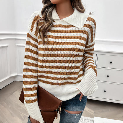 Autumn Winter Women Casual Loose Lapels Striped Long Sleeve Sweater