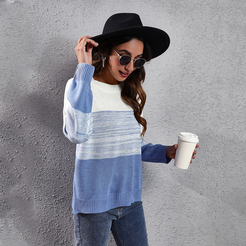 Gradient Color Matching Drop Shoulder Long Sleeve Pullover Knitted Sweater Loose Autumn Winter Women Clothing