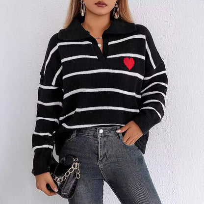 Women Pullover Sweater Top Color Contrast Patchwork Striped Love Polo Collar Sweater