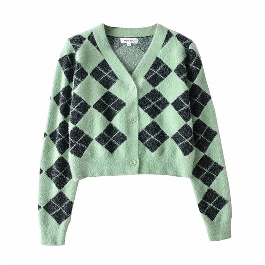 Autumn Winter V Neck Imitation Mink Short Sweater Women Retro College Diamond Lattice Color Stitching Knitted Cardigan Coat