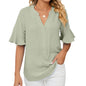 Spring Summer Lotus Leaf Sleeve Solid Color V Neck Short Sleeve Loose Top Women