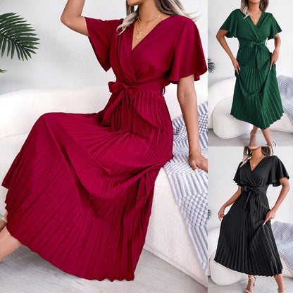 Spring Summer Elegant Criss Cross V-neck Swing Pleated Dress Women Clothing