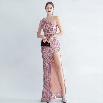 Sequ Positioning Floral With Silk Satin Oblique Shoulder Beaded Fishtail Dress Evening Dress