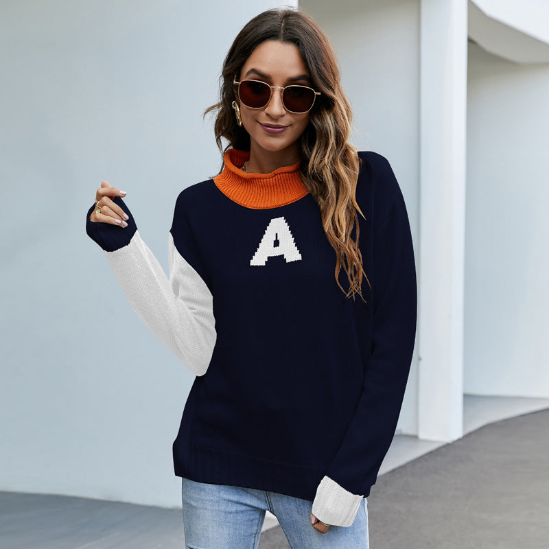 Casual Half Turtleneck Pullover Letter Graphic Jacquard Loose Fitting Sweater Long Sleeve Knitted Sweater