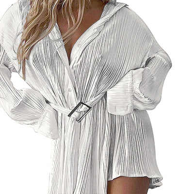 Women  Clothing Fashionable Pleated Long Sleeve Cinched Blouse Belt Dress