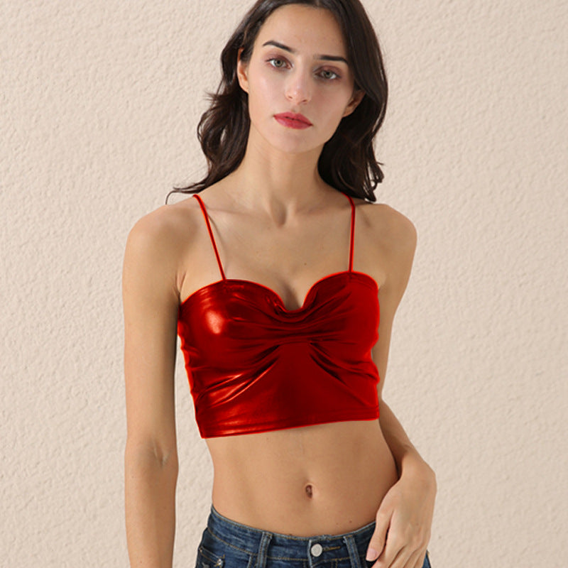 Autumn Sexy Shiny Patent Leather Vest Sexy Pleated Strap Tube Top Women Clothing Now
