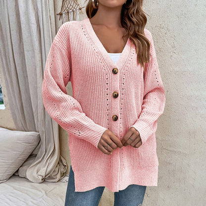 Autumn Winter Hollow Out Cutout Cardigan Sweater Women Button Slit Knit Sweater Coat
