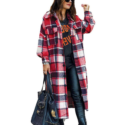 Women Clothing Popular Long Sleeve Loose Plaid Shirt Woolen  Long