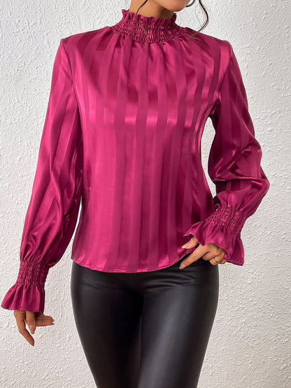 Early Spring Women Clothing Loose Slimming Long Sleeves Shirt Satin Embellished Smooth High Collar Shirt