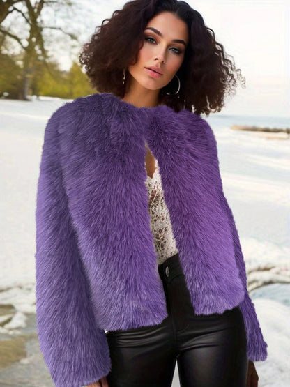 Autumn Winter Slippers O neck Short Coat Faux Fur Coat Women Solid Color Street Casual