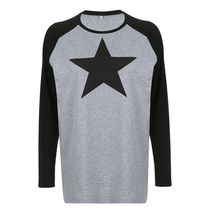 Five Pointed Star Retro Raglan Color Contrast Long Sleeve T Shirt Women Old Neutral Lazy Casual Loose Pullover Top