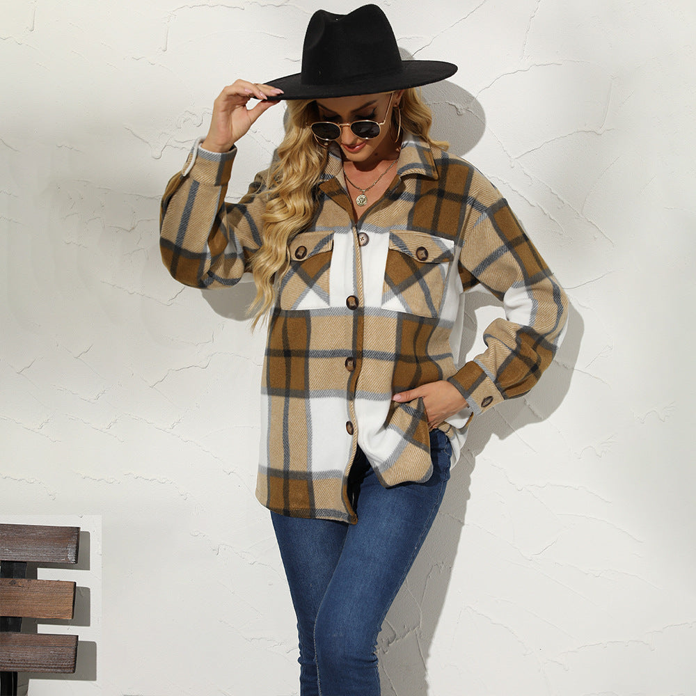 Autumn Winter Women Clothing Collared Plaid Color Matching Single Breasted Woolen Casual Coat for Women