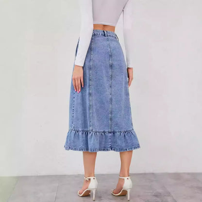 Denim Skirt Women High Waist A line Slimming Cover Fishtail Ruffled Sexy Long Skirt