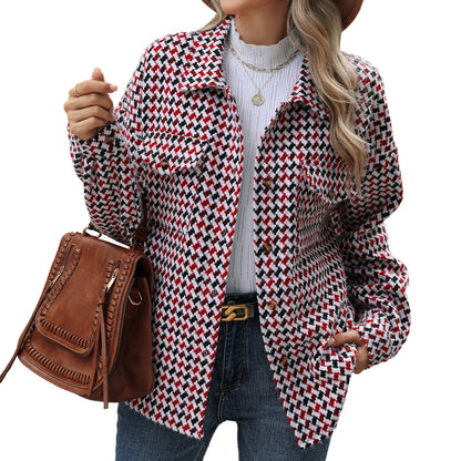 Autumn Winter Houndstooth Collared Loose Long Sleeve Pocket Woolen Coat