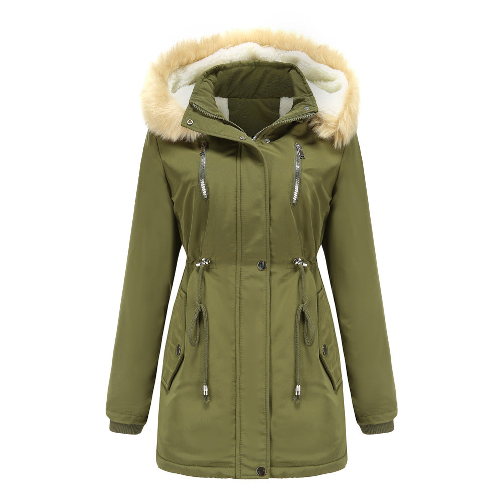 Autumn Winter  Women Clothing Thick Lambskin Cotton-Padded Coat Women Loose Women Cotton Clothes Removable Hat Fleece Padded Coat