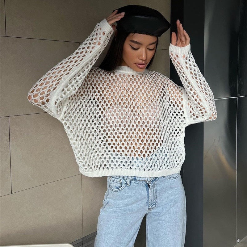 Sexy Wind Beach Hollow Out Cutout Blouse Wear Fashionable Loose Knitted Mesh Knitted T-shirt Top for Women