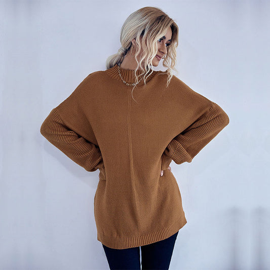 Loose Autumn Winter Women Solid Color Long Sleeve Mock Neck Sweater