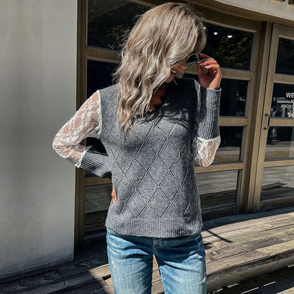 Autumn Winter Women Clothing Long Sleeve Lace Stitching Sweater