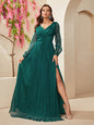 Dress Long Sleeve Chiffon V neck Slit Dress Waist Controlled Lace up Pleated Maxi Dress