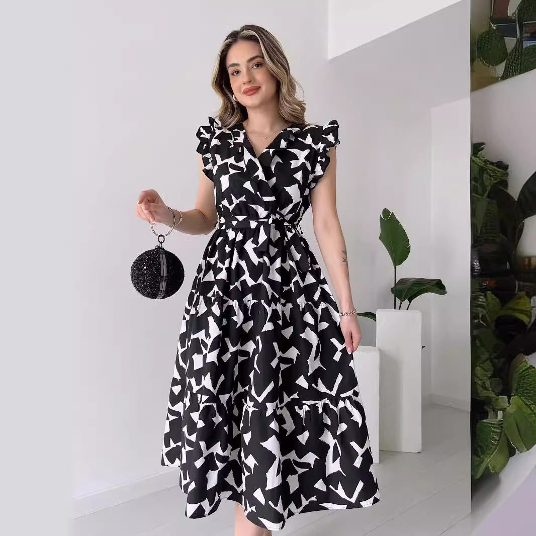 Elegant Dress V neck Slimming Waist Trimming Lace up Black White Printed Midi Dress