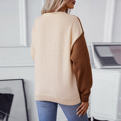 Contrast Color Sweater Women Autumn Winter Round Neck Twisted Long Sleeved Sweater Top Women