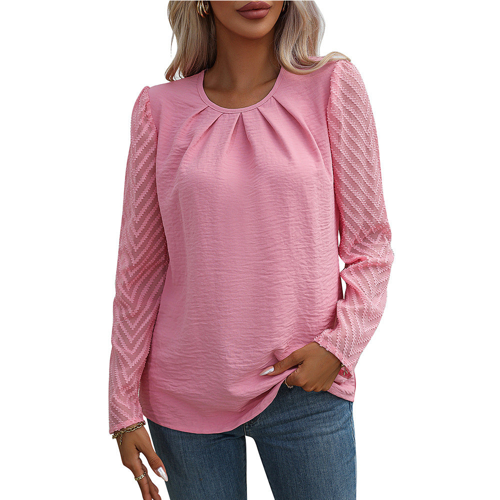 Autumn Women Clothing Round Neck Pleated Chiffon Sheer Long Sleeve Shirt