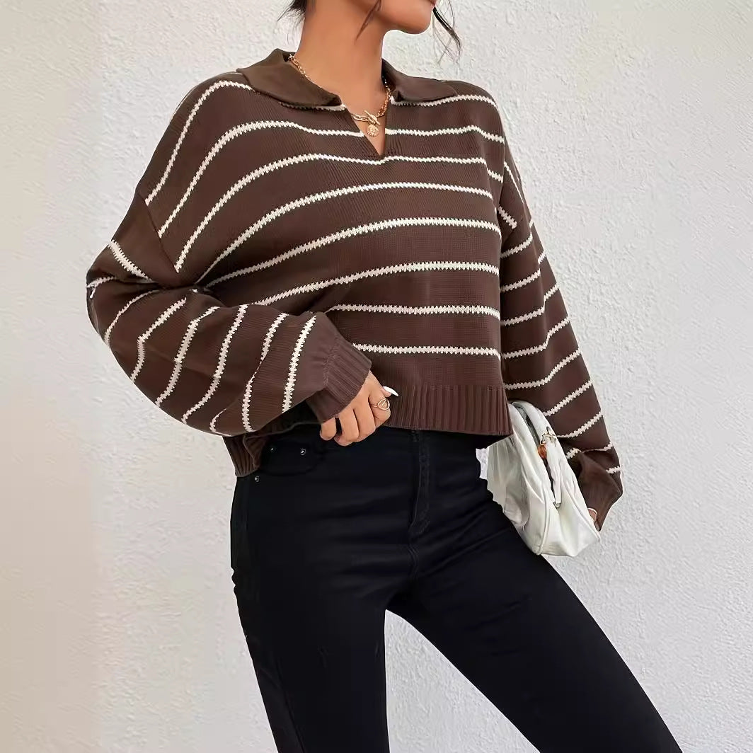 Winter Loose All Matching Striped Collared Knitted Pullover Sweater Casual Sweater Outerwear Top